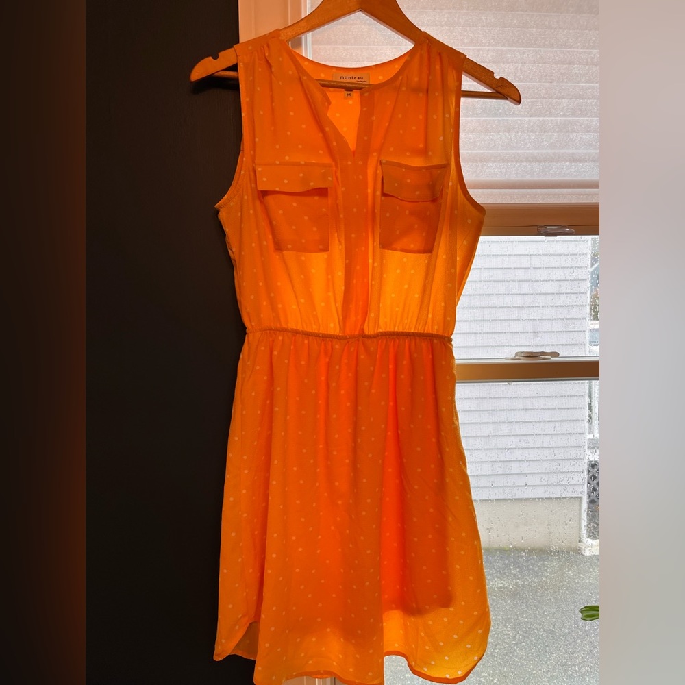 Francesca’s marigold polka dot utility mini dress. Size M